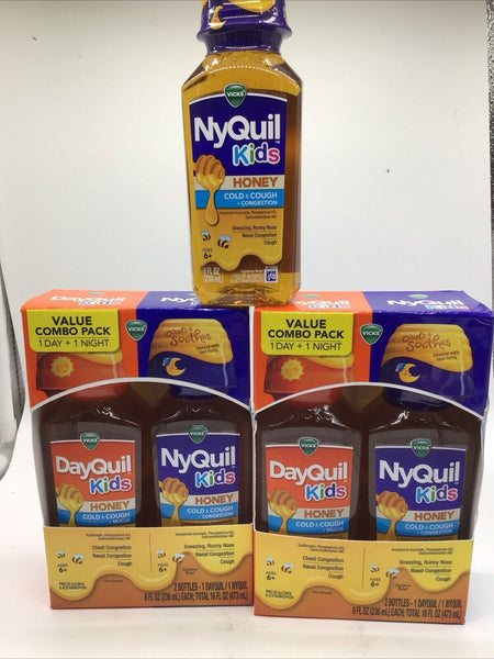 (3) Vicks DayQuil Nyquil Combo Kids Honey Cold & Cough + Mucus 8oz 11-24/25
