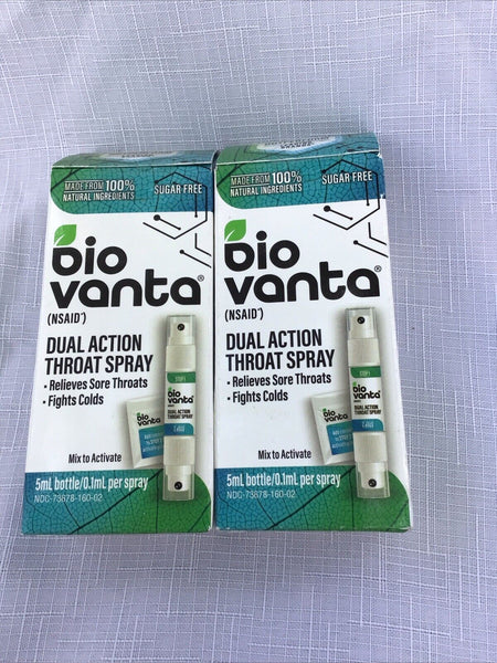 (2) Bio Vanta Double Action Soothes Sore Throats 5 mL Spray Bottle Nsaid 12/24