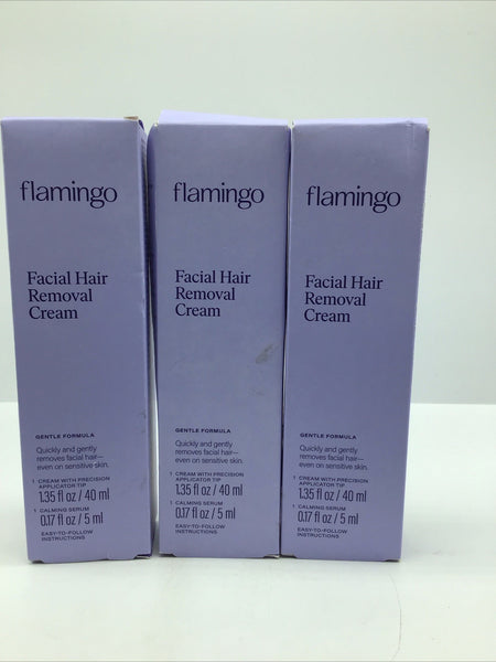 (3) Flamingo Facial Hair Removal Cream W/Calming Serum 1.35oz Each