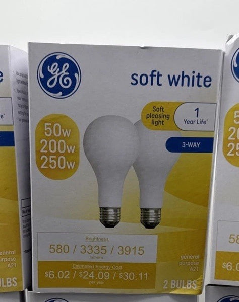 GE 2pk Soft White 3Way Light Bulb 50/200/250 A21 580/3335/3915 Lumen