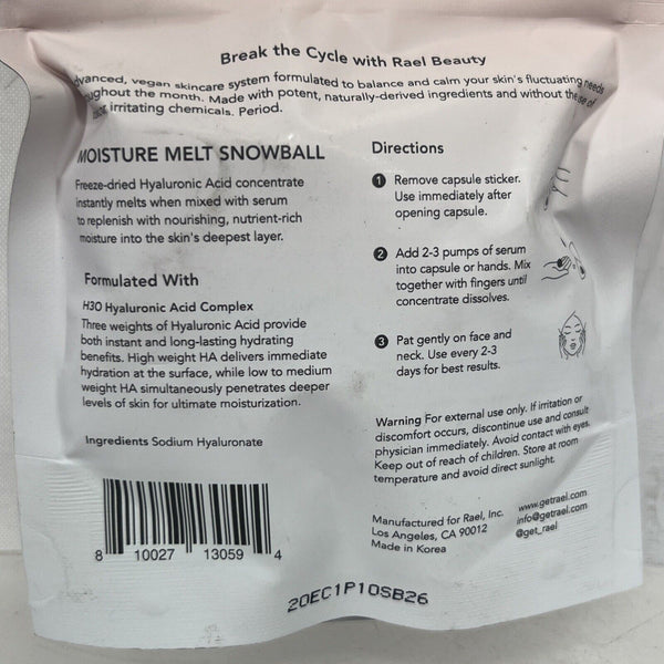 Rael Beauty Moisture Melt Snowball Hyaluronic Acid  6 In each Pouch