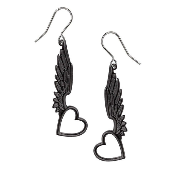 Alchemy Gothic E465 Passio Wings of Love Earrings Goddess Wing Heart Dropper