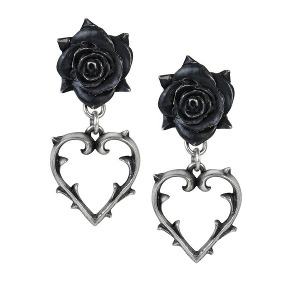 Alchemy Gothic E365 Wounded Love Earrings Black Rose Heart Thorn barbed romance