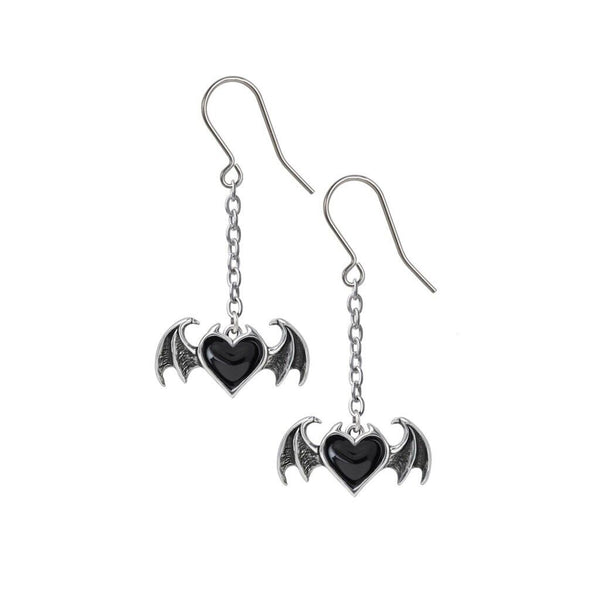 Alchemy Gothic E443 - Blacksoul Droppers Earrings Bat Wing Black Heart Demon