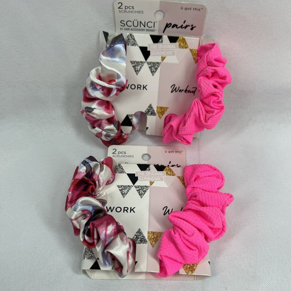 (2) Scunci Pairs 2 pcs Scrunchies Work Workout Hot Pink Multi Color Hair Tie