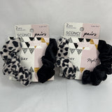 (2) Scunci Pairs 2 pcs Scrunchies Day Night Velvet Plush Black Leopard Hair Tie