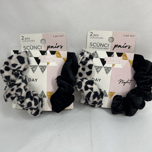 (2) Scunci Pairs 2 pcs Scrunchies Day Night Velvet Plush Black Leopard Hair Tie