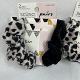 (2) Scunci Pairs 2 pcs Scrunchies Day Night Velvet Plush Black Leopard Hair Tie