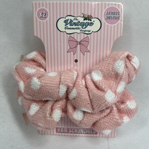 Vintage Cosmetic Co. Scrunchies 2 Ponytail Absorb Hair Ties Pink Polkadot Terry