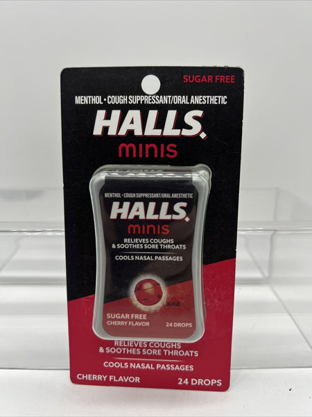 HALLS Minis Cherry Flavor Sugar Free Cough Drops, 24 Drops 08/24
