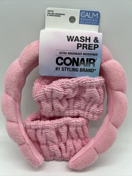 Conair Wash & Prep Head Wrap Spa Headband & Wristbands Absorbent Microfiber Pink