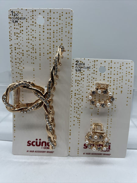 (2) Scunci Claw Clips Pearl & Crystal Gold Styling Hair Jaw Cocktail Upscale  ￼