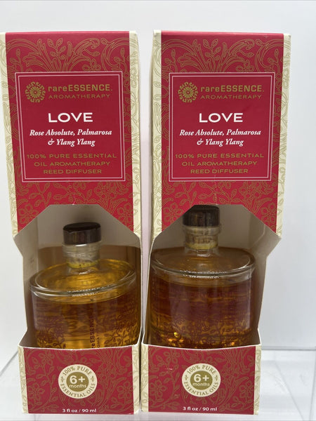 (2) Love rareESSENCE Reed Diffuser Oil 3oz FULL SZ Rose Absolute Palmarosa Ylang