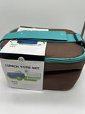 Eco One Insulated 4 Piece Set Canvas Lunch Tote 2 Containers Ice Pack Brown Teal