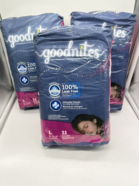 (3) Goodnites Youth Absorbent Underwear Fits SZ 10-12 Large 68 to 95 lbs. 11 Ct