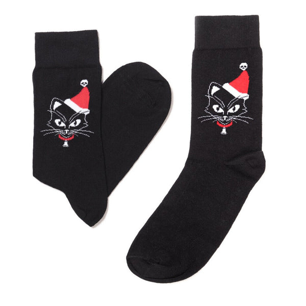 Alchemy Gothic SOX001 Catmas Socks Santa Hat Cat Christmas Crew Black S/M or M/L