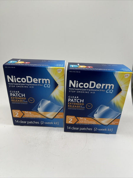 (2) NicoDerm CQ Stop Smoking Aid Clear Patches Step 2 14mg 14ct 110/24