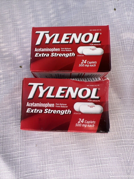 (2) Tylenol Extra Strength 500mg 24 Caplets Each Purse Travel 3/27+