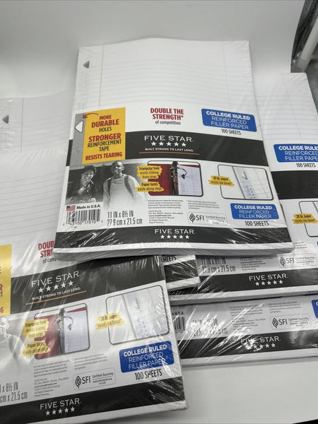 (6) Five Star Loose Leaf Paper 3 Hole Punched Reinforce Filler College 100 Sheet
