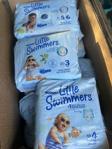 (12) ASSORTED SIZE 3/4/5/6 HUGGIES Little Swimmers Disney 16-35lb 204ttl Diapers