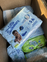 (12) ASSORTED SIZE 3/4/5/6 HUGGIES Little Swimmers Disney 16-35lb 204ttl Diapers