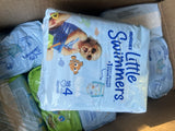 (12) ASSORTED SIZE 3/4/5/6 HUGGIES Little Swimmers Disney 16-35lb 204ttl Diapers