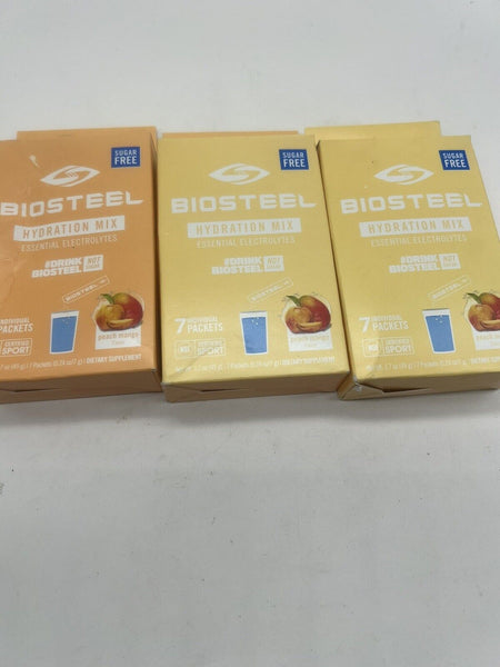 (3) BIOSTEEL ESSENTIAL  HIDRATION MIX SUGAR FREE PEACH MANGO FLAVOR 7 PACKS