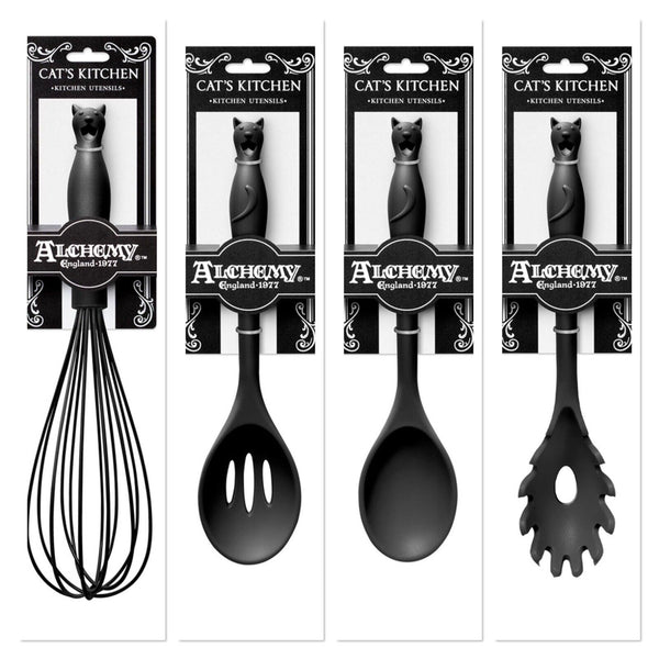 4 Piece Cat's Kitchen Gift Set Alchemy Gothic Whisk Slotted Pasta Spoon Black