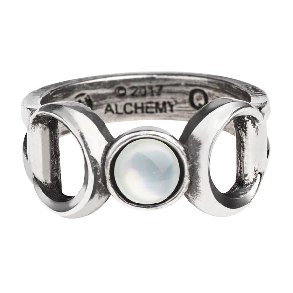 Alchemy Gothic R219 Triple Goddess Ring England Moon Wiccan Pearl Crystal