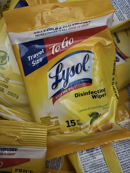(10) Lysol To Go Disinfecting Wipes  Lemon Lime Scent 15 Per Pack Car Travel