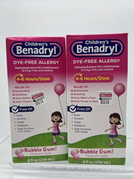 (2) Children's Benadryl Bubblegum Allergy Syrup 4-6 Hours Doses - 8 Oz 2/26