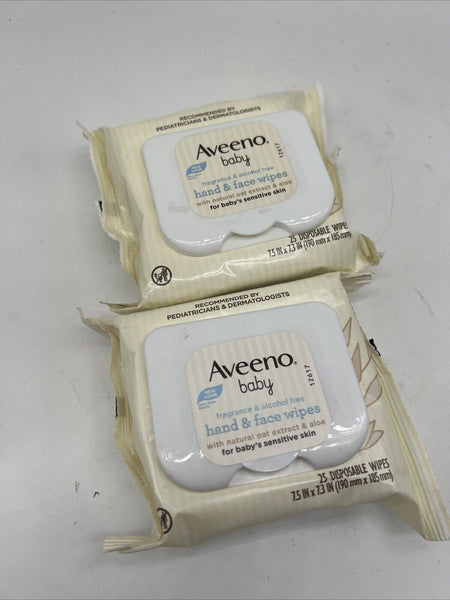 (2) Aveeno Baby Hand & Face Wipes W/ Natural Oat Extract & Aloe- 25ct. Each