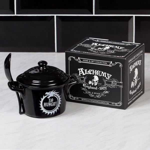 Alchemy Gothic China MRB4 So Hungry Bowl Lid & Spoon Set Oven Microwave Dragon