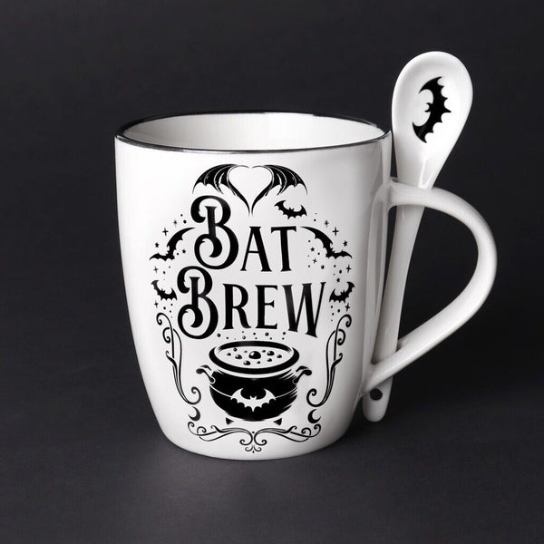 Alchemy Gothic ALMUG21 Bat Brew Mug & Spoon Set Wing Black White Coffee Mug Tea