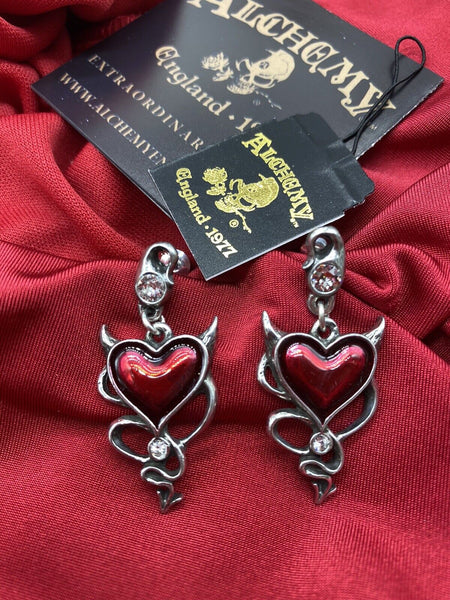 Alchemy England Gothic ULFE22  Devil Heart Earrings Red Crystal Horns IN HAND