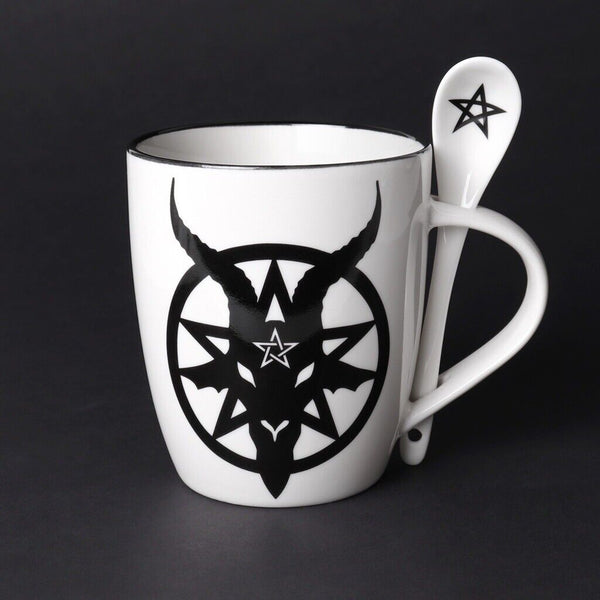 Alchemy Gothic ALMUG23 Baphomet Mug & Spoon Set Goat Skull Horn Coffee Mug Tea
