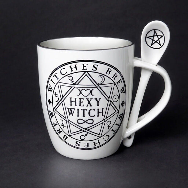 Alchemy Gothic ALMUG15 Hexy Witch Cup & Spoon Brew White Black Coffee Mug Tea
