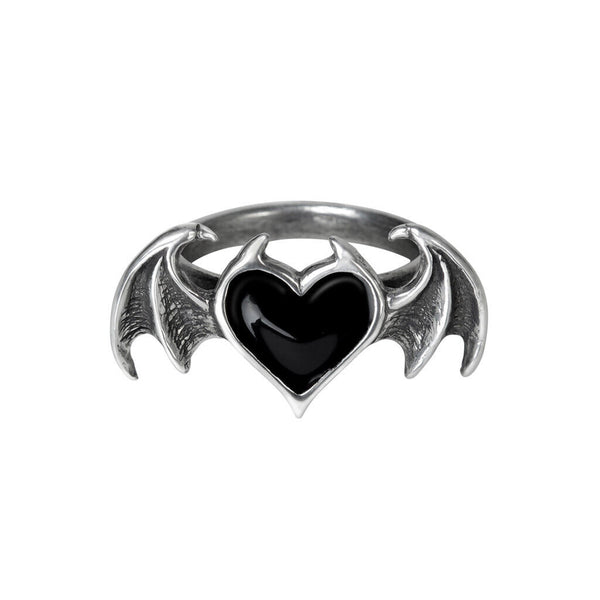 Alchemy Gothic R240  Black Soul Ring Black Heart Bat Wing Wrap Love Demon