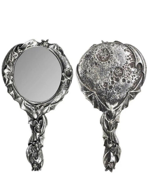 Alchemy Gothic V82 Bat & Moon Hand Mirror Antiqued Silver Resin Vampire Gift
