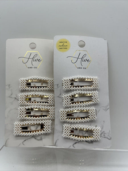 (2) Hive Co. Hair Clip Snap Barrette Embellished Pearl Rose Gold 4pc COMBINESHIP