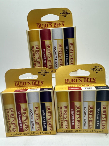 (3) Burt's Bees Beeswax Lip Balm coconut Pear Strawberry Vanilla Bean 4pk12Total