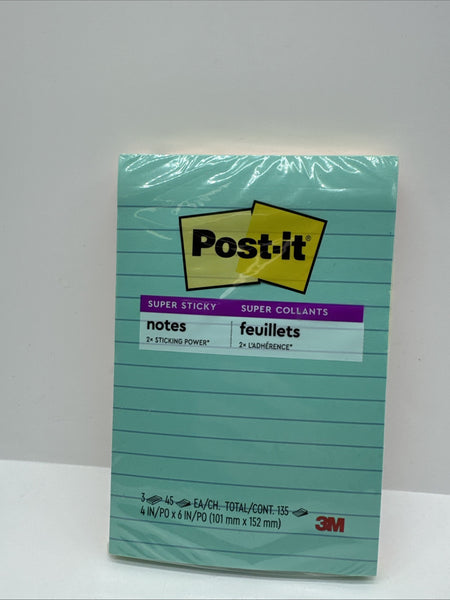 Post-it Super Sticky Notes Sticking Power 4 in x 6" 135 ct Pink Green Blue Lines