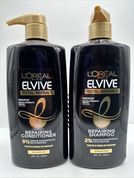 (2) L'Oreal Elvive Total Repair 5 Shampoo & Conditioner Damage Hair Pump 28Oz