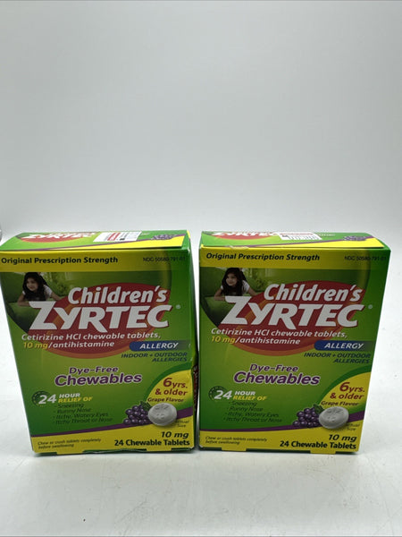 (2) Children's Zyrtec Dye-Free Chewables 24 Tablets Grape Allergy 10mg 4/26