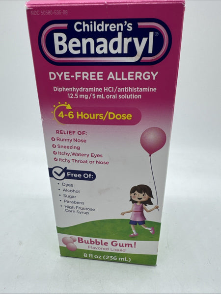 Children's Benadryl Bubblegum  Allergy Syrup 4-6 Hours Doses - 8 Oz 8/26