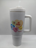 White Travel Sweethearts tumbler Mug Valentines Love Conversation Hearts 40oz