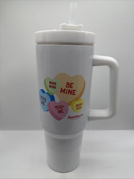 White Travel Sweethearts tumbler Mug Valentines Love Conversation Hearts 40oz
