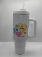 White Travel Sweethearts tumbler Mug Valentines Love Conversation Hearts 40oz