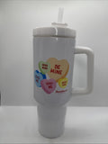White Travel Sweethearts tumbler Mug Valentines Love Conversation Hearts 40oz