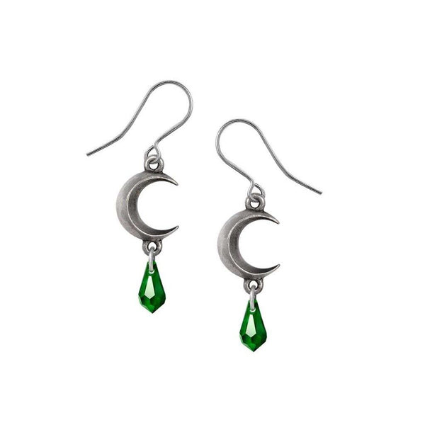 Alchemy Gothic E477G Moon Green Earrings Crystal Tear Drop Crescent Dropper